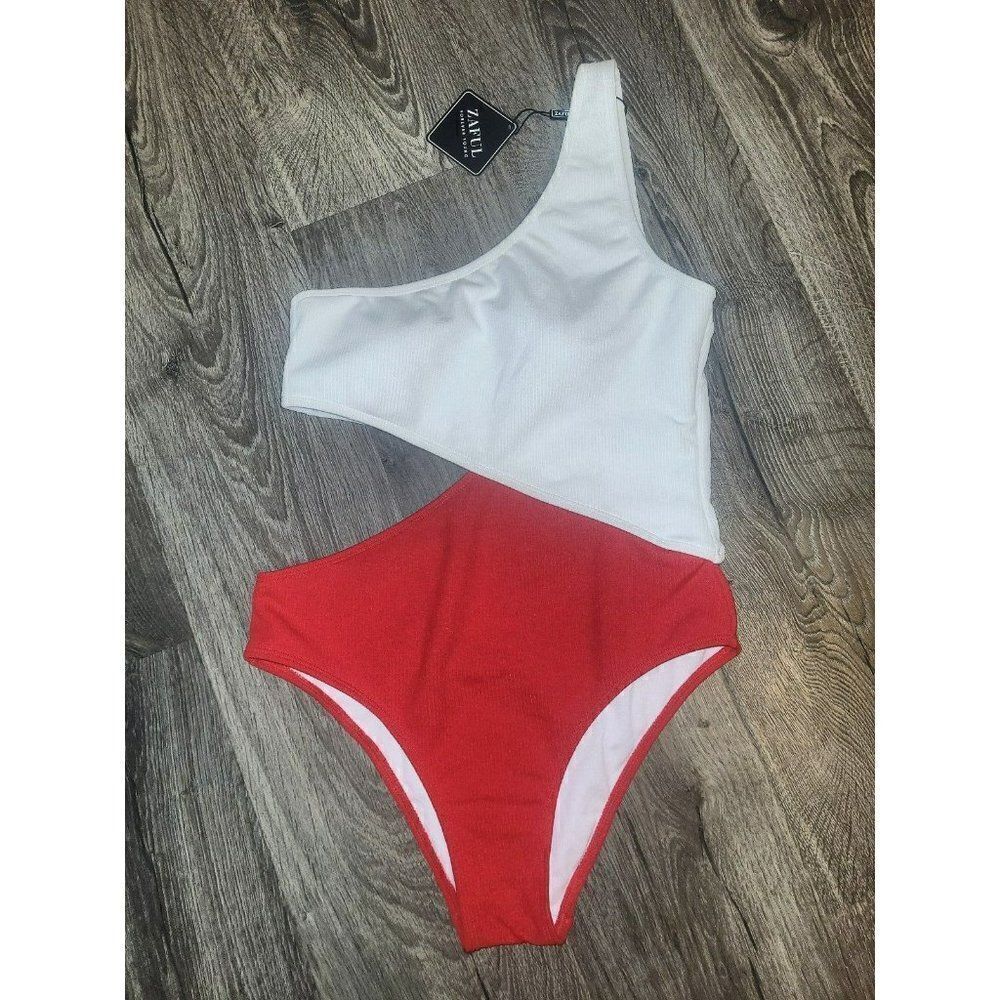 ZAFUL Ribbed 2-Tone Block One Shoulder One Piece Swimsuit Women's Size 8
